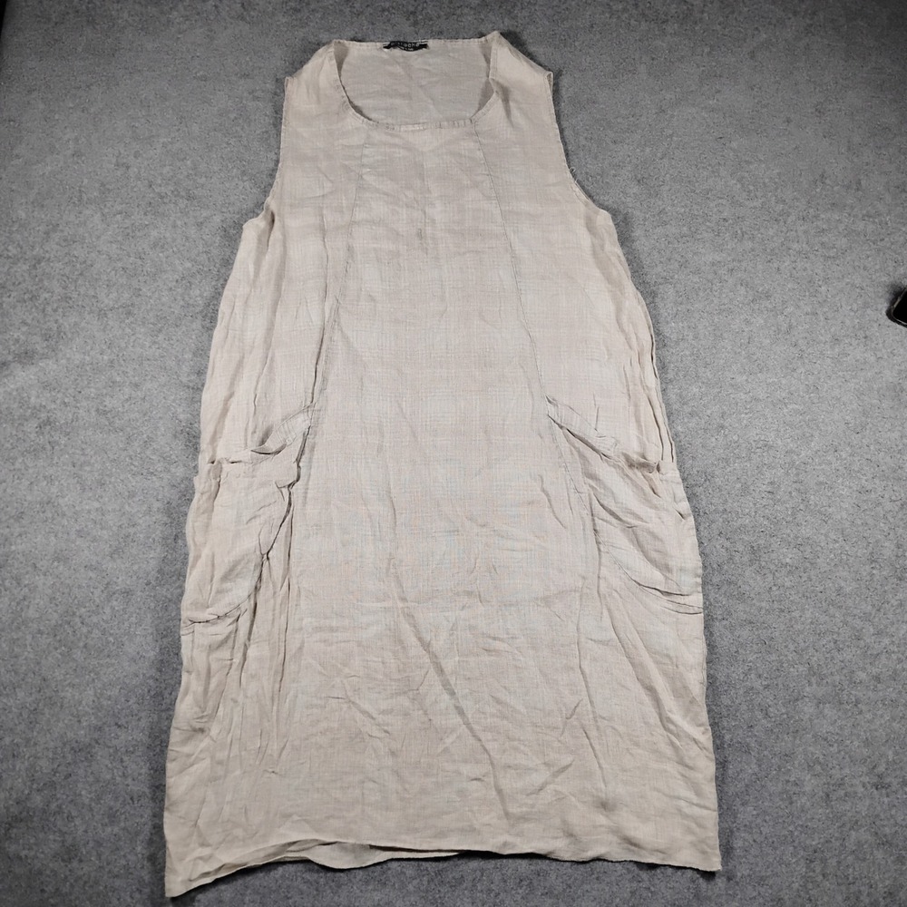 Pistache Linen Dress Women's Medium Beige Sleeveless Pockets Shift Midi Italy